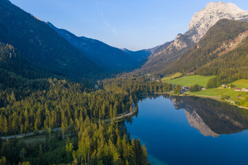 Naklejka na ściany i meble Drone panorama over Hintersee in Bavaria, Germany