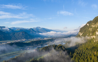 Drone panorama over Tyrol landscape, at sunrise in Austria.