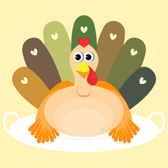 Colorful turkey on white dish. Thanksgiving holiday. Flat art and cartoon vector in minimal design.