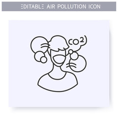 Air pollution line icon. Man in face respirator. Industrial smog, biohazard emissions.Greenhouse effect. Environment pollution and ecology damage concept. Isolated vector illustration.Editable stroke 