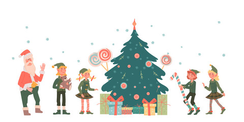 Christmas background design with cute little elves childish characters and Santa, flat vector illustration isolated on white background. Backdrop layout for Christmas and New Year banners and posters.