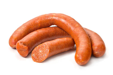 sliced pepperoni sausages isolated  on white background