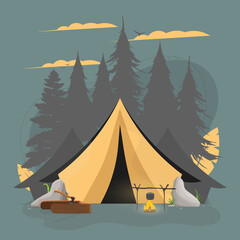 Banner on the theme of camping in the forest. Tent, forest, camping, logs, ax, bonfire. Vector.