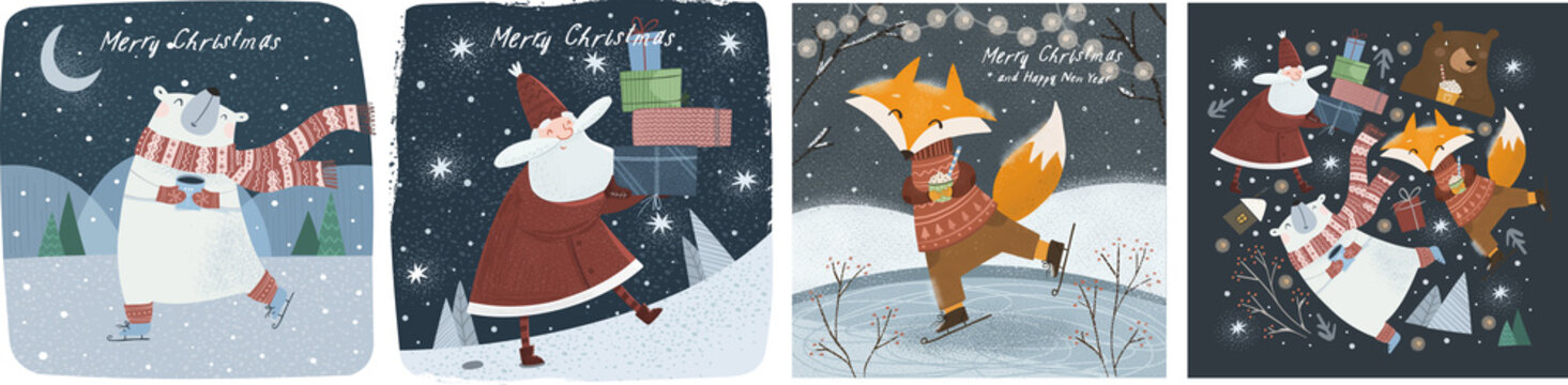 Happy New Year and Merry Christmas! Vector cute illustrations of a cheerful Santa Claus with gifts in winter, a polar bear with cocoa in the forest, and an animal fox on skates. Greeting cards