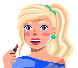 Beautiful blond young girl with pink lipstick in her hand teaches how to do makeup. Master class about decorative cosmetics. Bright makeup. Blogger, streamer, model. Educational master class online