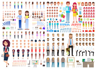 Big set of different characters. Collection businesswoman, businessman, young couple body parts, clothes, accessories, hairstyles, gestures. Front, side and back view. Comic characters. DIY kit