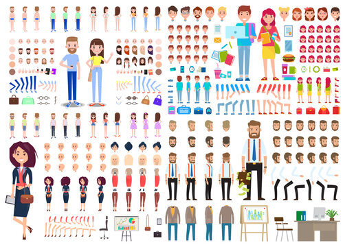 Big set of different characters. Collection businesswoman, businessman, young couple body parts, clothes, accessories, hairstyles, gestures. Front, side and back view. Comic characters. DIY kit