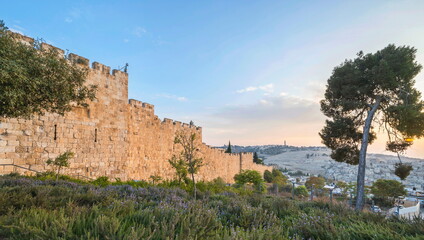 Southern wall of the Old City Jerusalem leading from the Zion's Gate down towards the Temple Mount, with Mount of Olives and its Russian Church of Ascension in the background