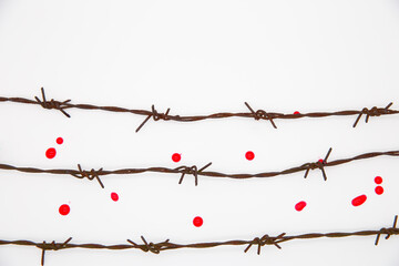 Obraz premium Keying wire on a white background. Blood drops on a white background. Copy space.