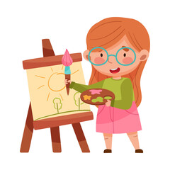 Little Girl Standing and Painting on Drawing Easel Vector Illustration
