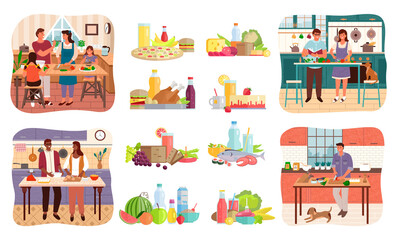Fototapeta na wymiar Collection of people cooking meals and sets of food. Couple on kitchen, parents with kids preparing plates. Bachelor at home making salad from vegetables. Nutrition and diet menu, vector in flat