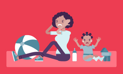 Postpartum depression symptoms, black mum in anger with crying baby. Young mother in depressed mood closing her ears with hands feeling sick, angry or fatigued. Vector creative stylized illustration