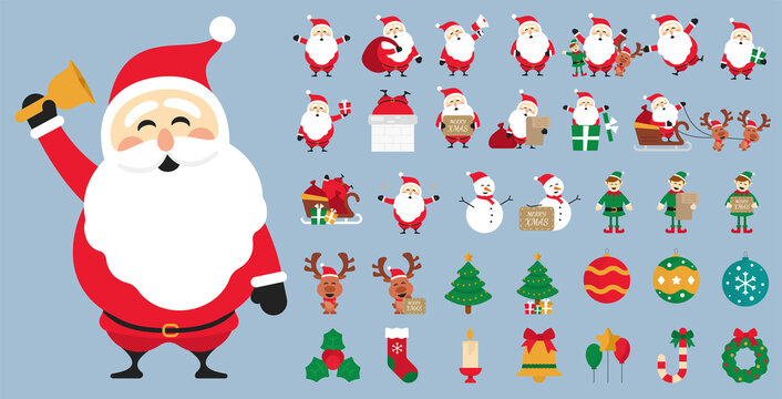 Christmas Santa Claus, Elf, Reindeer, Pine Tree, Snow Man Cartoon Character Set and New Year Ornament Vectors.