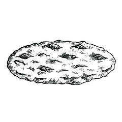 Hand drawn black and white crosshatch vector illustration of a chocolate chip cookie. No background.