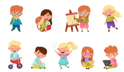 Cute Little Boys and Girls Playing Toys and Having Fun Vector Set