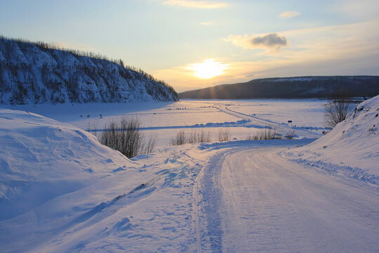 The Lower Tunguska is a river in Eastern Siberia. Winter road on a frozen river in the village of Tura. Evenkia.