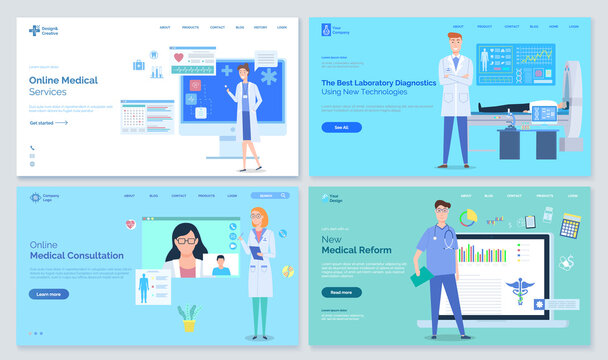 Set of healthcare site templates. Colorful landing pages. Online medical service, best laboratory diagnostics, new medicine reform, medical consultation. Online medicine concept. Flat images