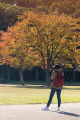 秋の公園で散歩している若い女性の姿