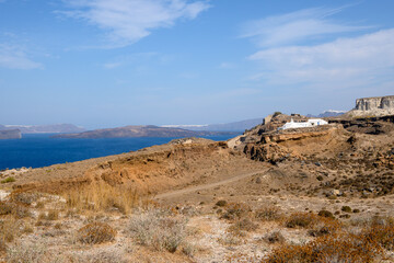 View of the caldera and cliffs from the peninsula of Akrotiri on the island of Santorini, Greece