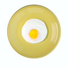 Single egg, sunny side up, yellow plate, nearly  perfect yolk centered. Isolated on white