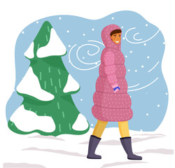 Young girl in pink dotted puffy winter jacket, black warm boots, walks and smiles. Girl walks on a snowy landscape, snowfall, winter frosty weather, evergreen spruce. Shapeless frame on white