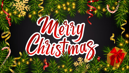 Christmas dark background with with lettering Merry Christmas, realistic pine branches, gifts box, glitter gold snowflakes, candy, serpentine. Christmas, New Year greeting card, banner, invitation