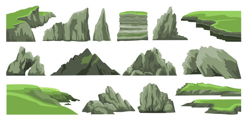Set of rocks, hills, cliffs, mountains peaks and stones isolated on white background. Rocky landscape elements. Colorful vector illustration. - obrazy, fototapety, plakaty