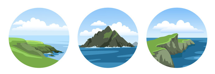 Set of round sea landscapes with mountains, rocks, cliffs and blue sky with clouds. Colorful ocean scenic view. Vector illustration.