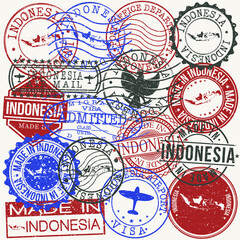 Indonesia Set of Stamps. Travel Passport Stamp. Made In Product. Design Seals Old Style Insignia. Icon Clip Art Vector.