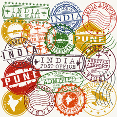 Pune India Set of Stamps. Travel Stamp. Made In Product. Design Seals Old Style Insignia.