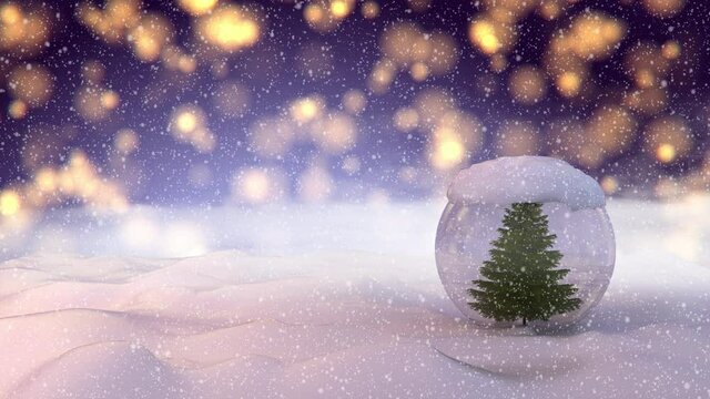 The Snow Globe with Christmas tree inside it. 3d render animation of falling snow