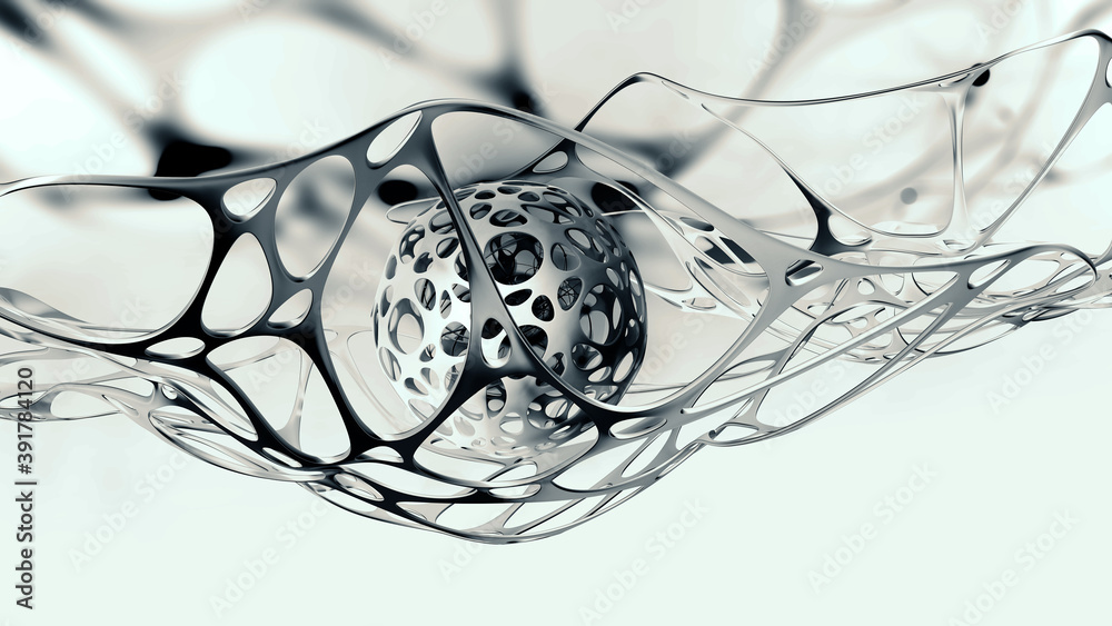 Poster AI concept. Nanotechnological cocoon, futuristic processor, neural networks in cyber world. High technology and nanostructure development. 3d illustration of abstract mesh in global cyberspace