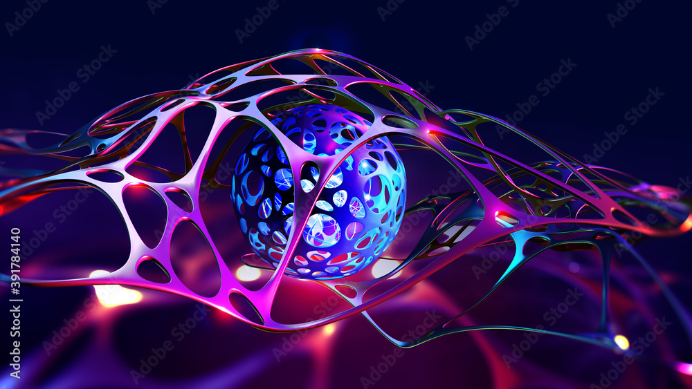 Poster AI concept. Nanotechnological cocoon, futuristic processor, neural networks in cyber world. High technology and nanostructure development. 3d illustration of abstract mesh in global cyberspace