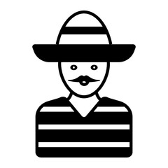 charro or charra outfit concept, Mexican Man Wearing Sombrero Vector Icon Design,  Mexican culture symbol on White background, Customs & Traditions Sign, Hispanic Man Avatar 