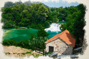 Fototapeta na wymiar Watercolor drawing of Beautiful river waterfalls among green plants, trees, forests and stone mill building with orange tile roof In Krka National Park, Dalmatia, Croatia, Europe