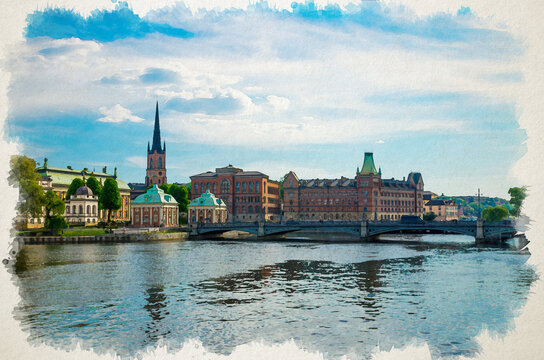 Watercolor drawing of Scenic panoramic view of historical centre Riddarholmen with Church, Norstedts building, Vasabron bridge, House of Nobility and Centralbron street, Gamla Stan, Stockholm, Sweden