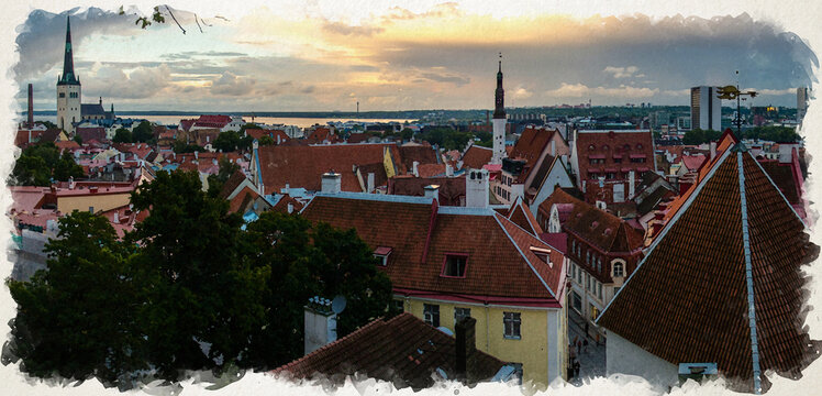 Watercolor drawing of Panoramic view of Old Town of Tallinn with traditional red tile roofs, medieval churches, towers and walls, from Kohtuotsa Vaateplatvorm Toompea Hill, Estonia