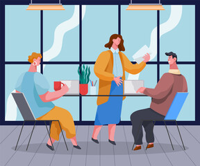 Fototapeta na wymiar Cartoon characters in the office. Man and woman sitting at table with laptops,female holds red. Businesswoman holds presentation with paper sheet in her hand. Cozy office interior. Flat vector image