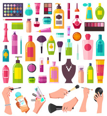 Makeup cosmetic supplies icons vector illustration. Elegant womens hand holding a cosmetic accessories on white background. Cosmetics products concept. Makeup products, face and hair care set