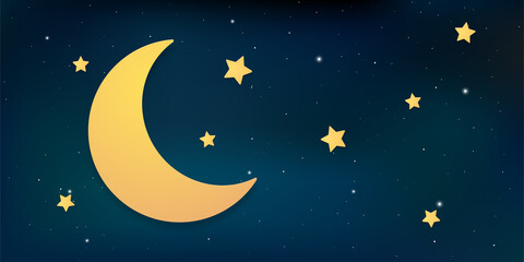 Cartoon night sky with moon and stars. Illustration of outer space