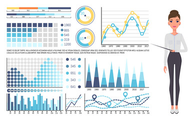 Young beautiful slender businesswoman, secretary or top manager points to presentation. Woman in black pants and white blouses. Set of colorful diagrams, bar and pie charts. Business infographics