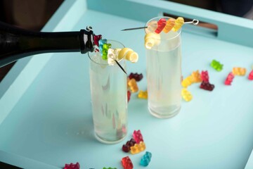 Cocktails. Traditional American drinks made by artisanal bartenders or mixologists in speakeasy & upscale bars or dives or taverns.Cocktails served in chilled cocktail glasses & garnished with fruit.