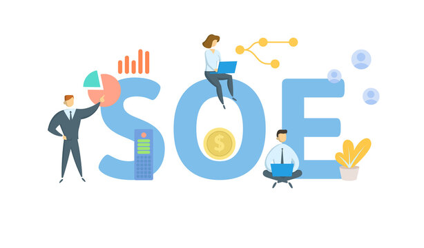 SOE, Standard Operating Environment. Concept with keywords, people and icons. Flat vector illustration. Isolated on white background.