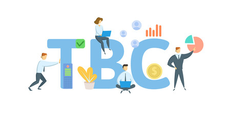 TBC, To Be Completed. Concept with keywords, people and icons. Flat vector illustration. Isolated on white background.