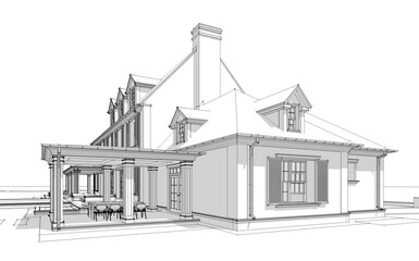 3d rendering of modern cozy classic house in colonial style with garage and pool for sale or rent with beautiful landscaping on background. Black line sketch with soft light shadows on white backgroun