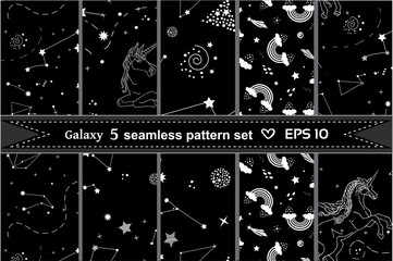Monochrome cosmic pattern set with constellations, unicorns and rainbows. Vector illustrations