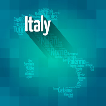 List of cities in Italy, map silhouette word cloud, travel concept background