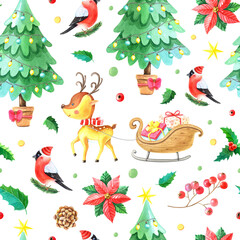 Christmas watercolor seamless pattern.Deer,Holly,sledge,Bullfinch,berry,green leaves,christmas tree,pine on white background.Hand-drawn Winter Botanical illustration