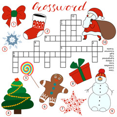 Crosswords puzzle game for preschool kids. Activity worksheet printable version. Vector hand drawn illustration. Kids black and white activity sheet new year christmas doodle set