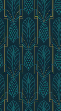 seamless pattern with leaves, pineapple, art deco graphic style for for branding, merch designs, crafts, fashion, wrapping, packaging, wallpapers, fabric, textile, home decor items 